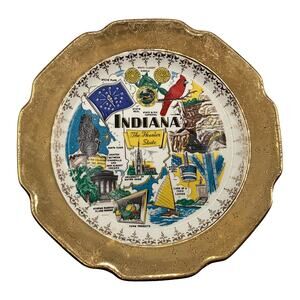 Rare Vintage Crest-O-Gold 9" INDIANA Collectors Plate Hoosier History 22K Gold